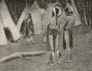 En haar minnaars, de afgewezen,... Knappe mannen met verf en veren, uit The Song of Hiawatha door Henry Wadsworth Longfellow, gepubliceerd door George G. Harrap und Company Ltd., 1911