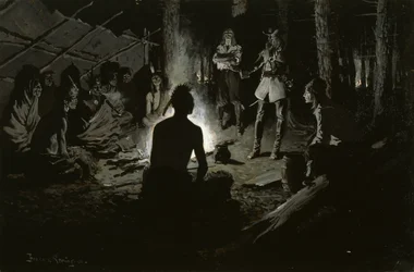 Franse ontdekkingsreizigers raad met de indianen (bij het Iroquois-raadsvuur) ca. 1901