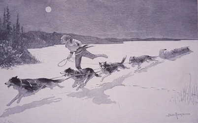 Franse pelsjager in Canada met huskyhonden op bevroren meer