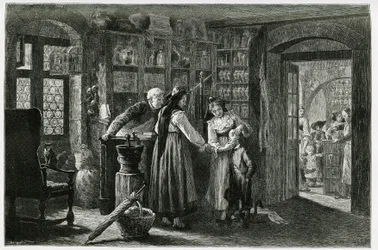 Bij de apotheker van het dorp Kaysersberg (of Kaisersberg, Elzas), een spoedconsultatie. Gravure door F. Lix, ter illustratie van het verhaal 