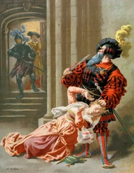 Blauwbaard probeert zijn vrouw te doden, c.1890 (illustratie)