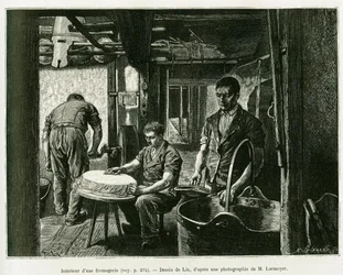 Binnen in een kaasfabriek. Gravure door Lix, ter illustratie van het verhaal Door de Elzas en Lotharingen, door Charles Grad, Duitse afgevaardigde, in 1885, in de tour du monde 1887, onder leiding van Edouard Charton (1807-1890), Hachette, Parijs.