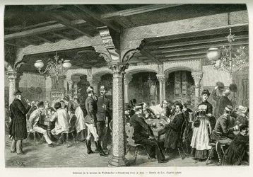 Interieur van de Tiefenkeller taverne in Straatsburg. Gravure door Lix, ter illustratie van het verhaal Door de Elzas en Lotharingen, in 1887, door Charles Grad, Duitse afgevaardigde, in de tour du monde 1888, onder leiding van Edouard Charton (1807-1890),