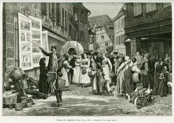 Lamentzanger in de straten van Barr. Gravure door Lix, ter illustratie van het verhaal Door de Elzas en Lotharingen, in 1887, door Charles Grad, Duitse afgevaardigde, in de tour du monde 1888, onder leiding van Edouard Charton (1807-1890), Hachette, Parijs