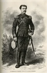 Portret van de reiziger en verteller luitenant-kolonel van Prjewalski, tekening door F. Lix ter illustratie van de reis naar Mongolië en het land van de Tanguten van 1870 tot 1873, door luitenant-kolonel van Prjewalski. Gravure in 