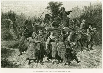 Terugkeer van de oogst. Gravure door Lix, ter illustratie van het verhaal Door de Elzas en Lotharingen, in 1887, door Charles Grad, Duitse afgevaardigde, in de tour du monde 1888, onder leiding van Edouard Charton (1807-1890), Hachette, Parijs.