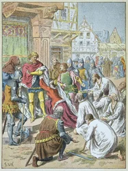 Belegering van Calais door Edward III in 1346 - 1347. Koningin Philippa van Henegouwen smeekte haar bruidegom om de bourgeois van Calais gratie te verlenen.