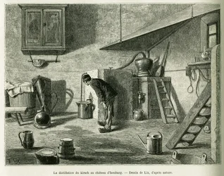 De distillatie van de kirsch in het kasteel van Isenburg. Gravure door Lix, ter illustratie van het verhaal 