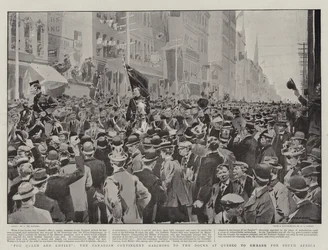 Voor Koningin en Rijk, het Canadese Contingent marcherend naar de Docks in Quebec om in te schepen naar Zuid-Afrika