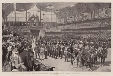 God save the King, de laatste scène in het grote spektakel, de inauguratie van het Australische Gemenebest, bij het Koninklijk Militair Toernooi