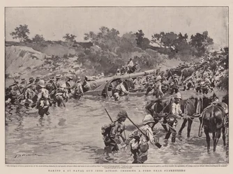 Een 4.7 marinekanon in actie brengen, een doorwaadbare plaats nabij Paardeberg oversteken