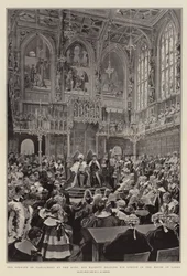 De opening van het parlement door de koning, Zijne Majesteit leest zijn toespraak in het House of Lords