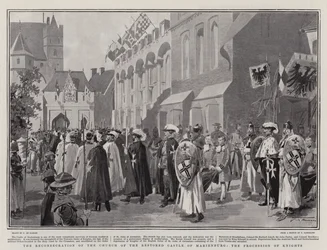 De herinwijding van de kerk van het gerestaureerde kasteel van Marienburg, de processie van ridders