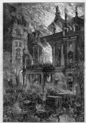 De brand van de Opera Wiener Ringtheater in Wenen (Oostenrijk) op 5 december 1881. Gravure door De Haenen in 
