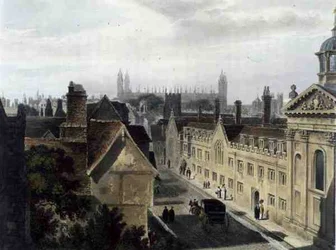 Exterieur van Pembroke College, vanuit een raam van Peterhouse, Cambridge, uit 