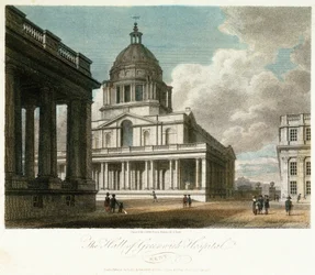 Uitzicht op Greenwich Hospital (Kent, Engeland), beschrijving van de koepel en de noordoostelijke hoek van het hof van koning Willem, met de noordgevel van de geschilderde hal erachter, en met een deel van de binnenplaats en kapel van koningin Mary