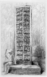 Hiërogliefen op de achterkant van een monument in Copan, Honduras, uit deel I van 