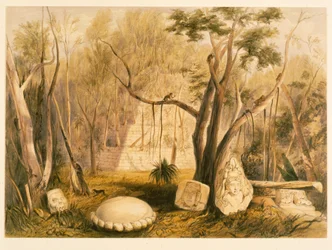 Piramidegebouw en Fragment van Beeldhouwwerk in Copan, illustratie uit 