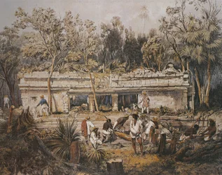 De archeologen Frederick Catherwood en John Lloyd Stephens meten de tempel van Tulum, Yucatan, Mexico, illustratie uit 