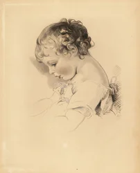 Portret van Henry Bloxam, neef van Sir Thomas Lawrence. Jongen in jurk met blauw lint. Handgekleurde gravure door Frederick Christian Lewis naar een illustratie van Sir Thomas Lawrence uit P.G. Patmore