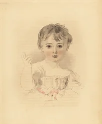 Portret van Thomas Lawrence Bloxam, neef van Sir Thomas Lawrence. In jurk met roze lint. Handgekleurde gravure door Frederick Christian Lewis naar een illustratie van Sir Thomas Lawrence uit P.G. Patmore