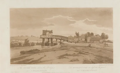 De watermolen boven de brug bij Charenton 1803; Plaat 20 uit Zichten in Parijs, het Emanuel Volume tracing van de plaat B181.25.2629