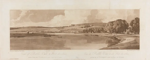 Uitzicht op Belle Vue en Pont de Seve genomen vanaf het Terras nabij Pont de St. Cloud 1802; Plaat 13 Uitzichten in Parijs, het Emanuel Volume tracering van de plaat B1981.25.2622