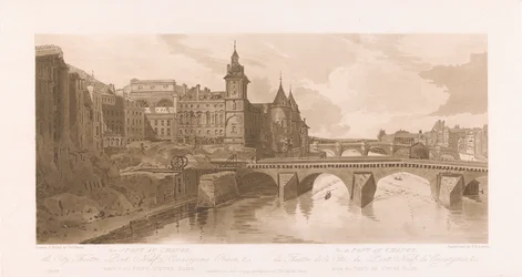 Uitzicht op Pont au Change, Theatre de la Cite, Pont Neuf en de Conciergerie gevangenis