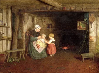 Verwachting: Interieur van een Cottage met een Moeder en Kinderen