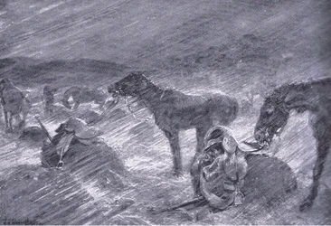Een Zuid-Afrikaanse hagelstorm, uit After Pretoria: The Guerilla War gepubliceerd door Harmsworth Bros Limited, 1901
