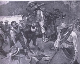 Boerenbehandeling van vredesgezanten: De geseling van Margendaal, uit After Pretoria: The Guerilla War gepubliceerd door Harmsworth Bros Limited, 1901