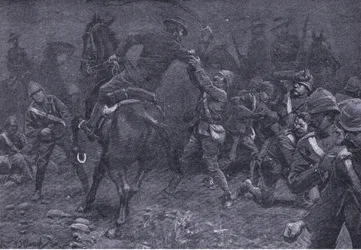 Majoor Boole-Smith pakt De Wet aan, uit After Pretoria: The Guerilla War gepubliceerd door Harmsworth Bros Limited, 1901