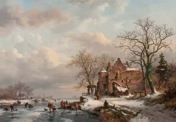 Een winterlandschap met schaatsers op een bevroren rivier