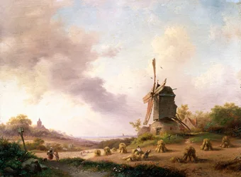 Oogsters in een uitgestrekt landschap, 1850