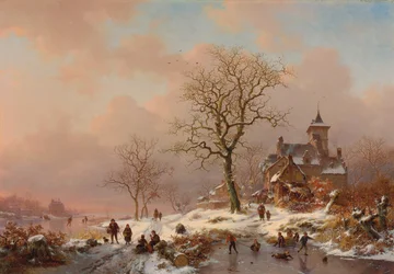 Winterlandschap met figuren die op het ijs spelen, 1868