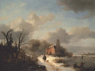 Winterlandschap met boer en figuren op ijs