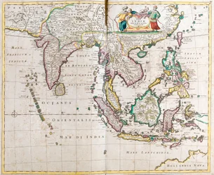 Kaart van Oost-Indië (Zuid- en Zuidoost-Azië: Pakistan, India, Nepal, Bangladesh, Birma, Sri Lanka, Thailand, Maleisië, Vietnam, Cambodja, Laos, Filipijnen, Singapore en Indonesië)