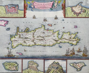 Kaart van het eiland Candia (Kreta) met de zeehaven van Heraklion, ca. 1680