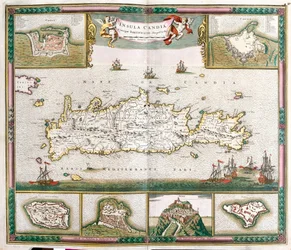 Kaart van het eiland Kreta, met uitzichten op de versterkte steden La Cane en Heraklion en de forten van Spinalonga, Retino, Thine en Souda