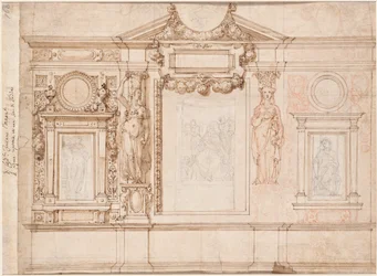 Ontwerp voor een muurschildering met ingeplakte schetsen naar Raphael (verso)