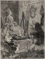 Francois Boucher (1703-1770) schildert het portret van Jeanne Antoinette Poisson, markiezin van Pompadour (bekend als Madame de Pompadour)