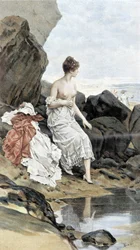 Vrouw bij de zee die in het geheim baadt - allegorie van de zomer, kalender geïllustreerd door Hubert Dys, geschilderd door F.H. Kaemmerer