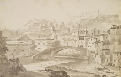 Vienne, nabij Lyon. Pont Saint-Martin over de rivier Gére. Links Prieuré de Saint-Martin, rechts Porte de la Rochette en kasteel Pipet