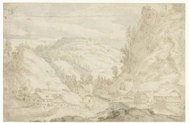 Gezicht op een dal met een dorp en een bergbeekje (Schetsboek)
