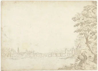 Gezicht op een stad aan een rivier (de Donau?)