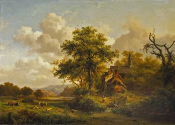 Een rustig landschap met vrouwen die zich wassen bij een beekje en vee en schapen die rusten