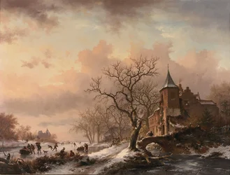 Kasteel in een winterlandschap en schaatsers op een bevroren rivier