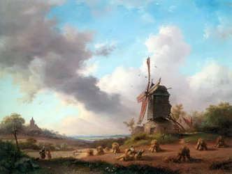 Zomers landschap met oogstende boeren