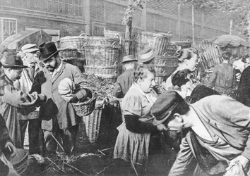 Laatste verkopen voor de bel, rue Rambuteau, Les Halles, Parijs, 1897