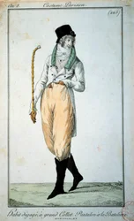 18e-eeuwse mode: Parijse pak met grote kraag, broek met boten. Parijs, Musee du Costume